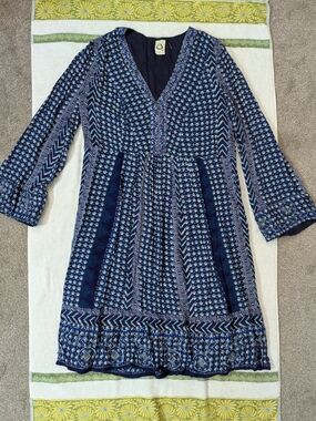 Akemi + Kin Anthropologie Dress sz XS Rozalin Blue Batik Embroidered Shift Boho